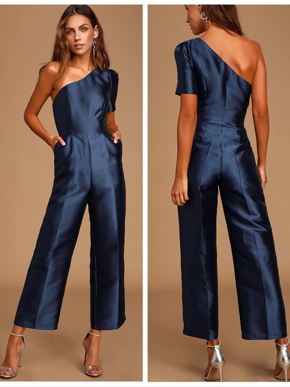 NWT Lulus Divine Dream One-Shoulder Satin Culotte Jumpsuit Navy Women's Small